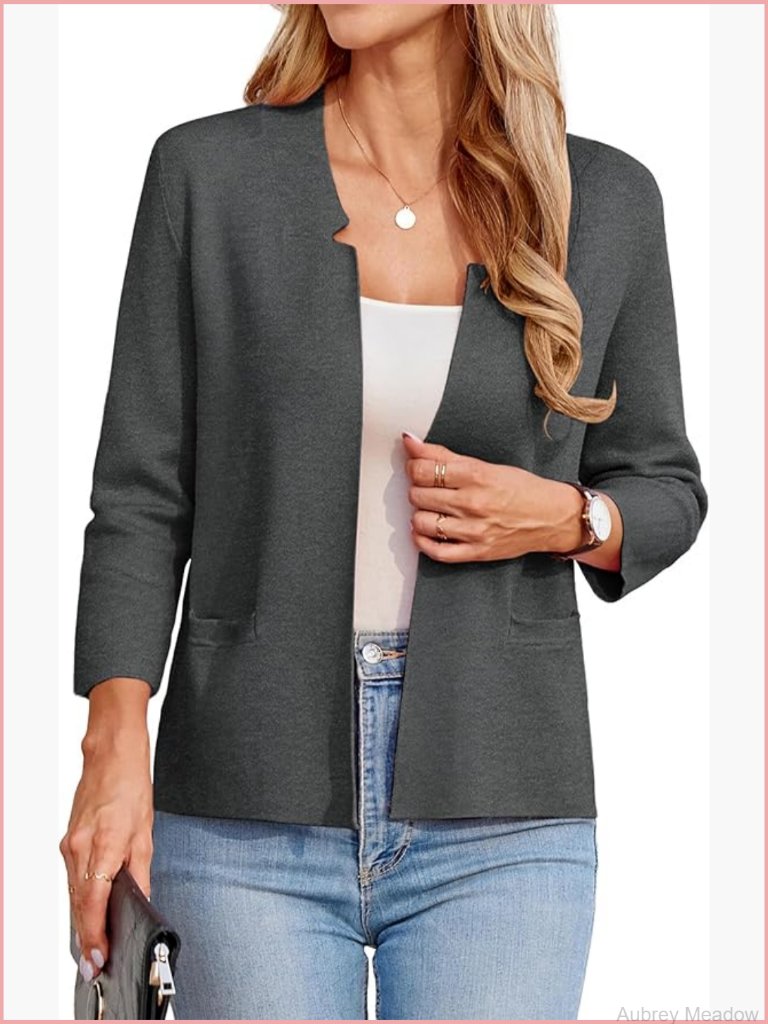 Lightweight Cropped Cardigan Blazer With 3/4 Sleeves Notch Collar Knit Workwear